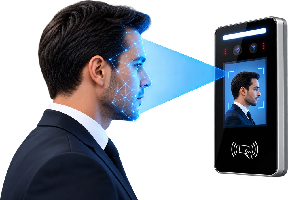 A face recognition terminal scanning an employee's face