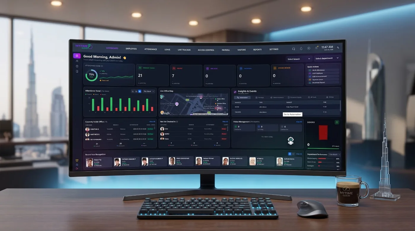 MyTime2Cloud dashboard open on a widescreen monitor in an office