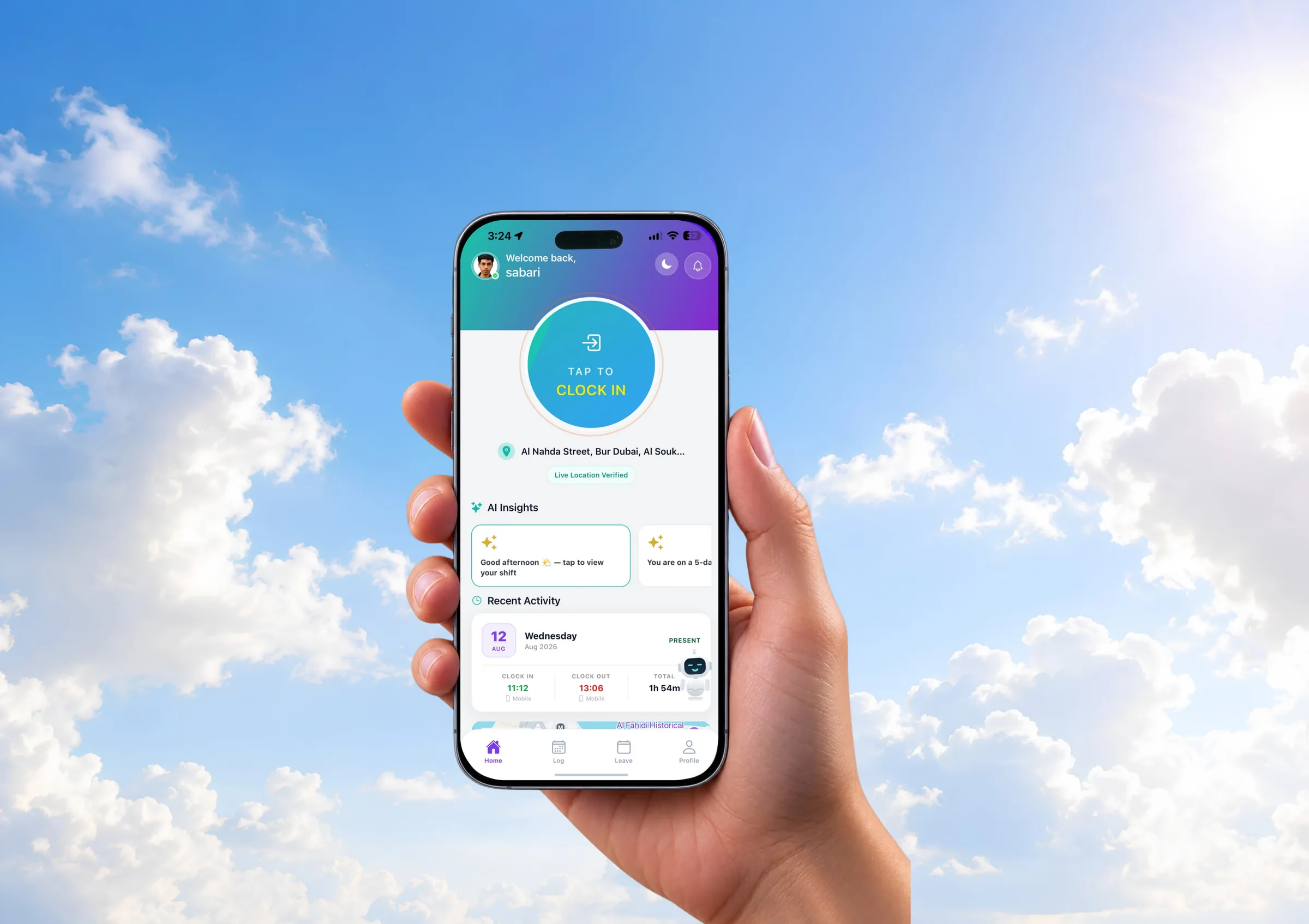 MyTime2Cloud mobile app clock-in screen