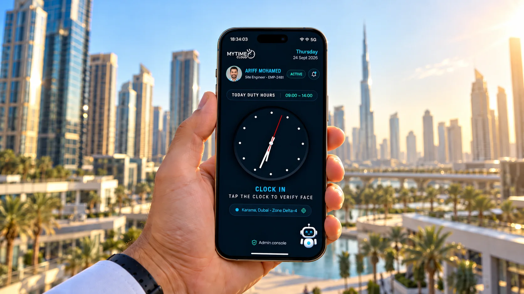 MyTime2Cloud app on a phone held up against the Dubai skyline, showing the clock-in screen