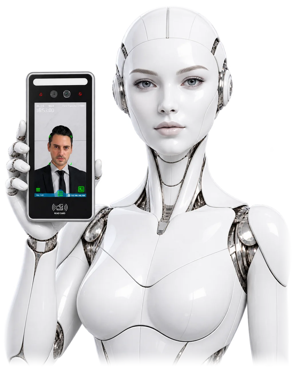 A white humanoid robot holding a MyTime2Cloud face recognition terminal